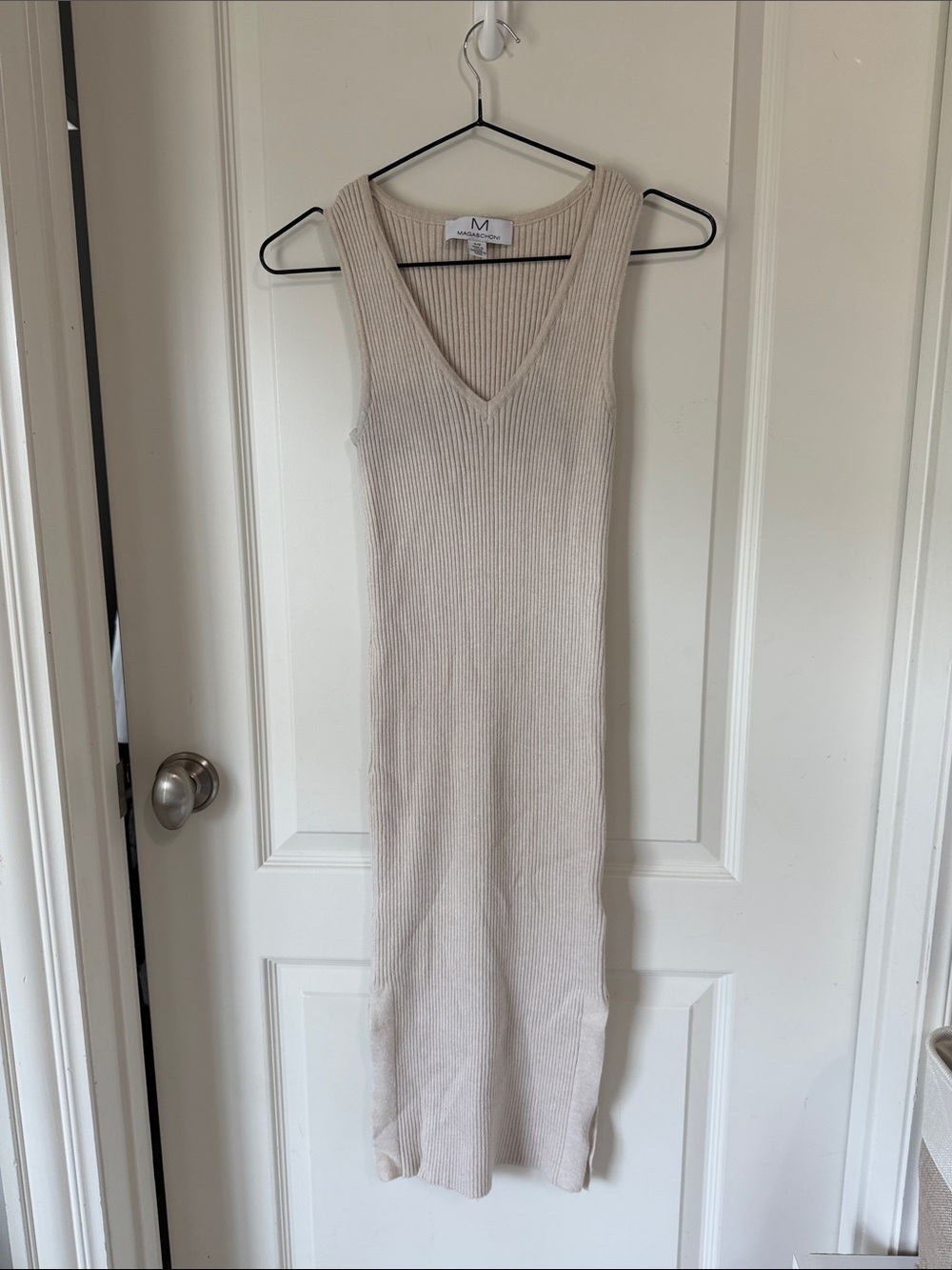 Magaschoni Neutral Ribbed V-Neck Midi Dress in Light Beige